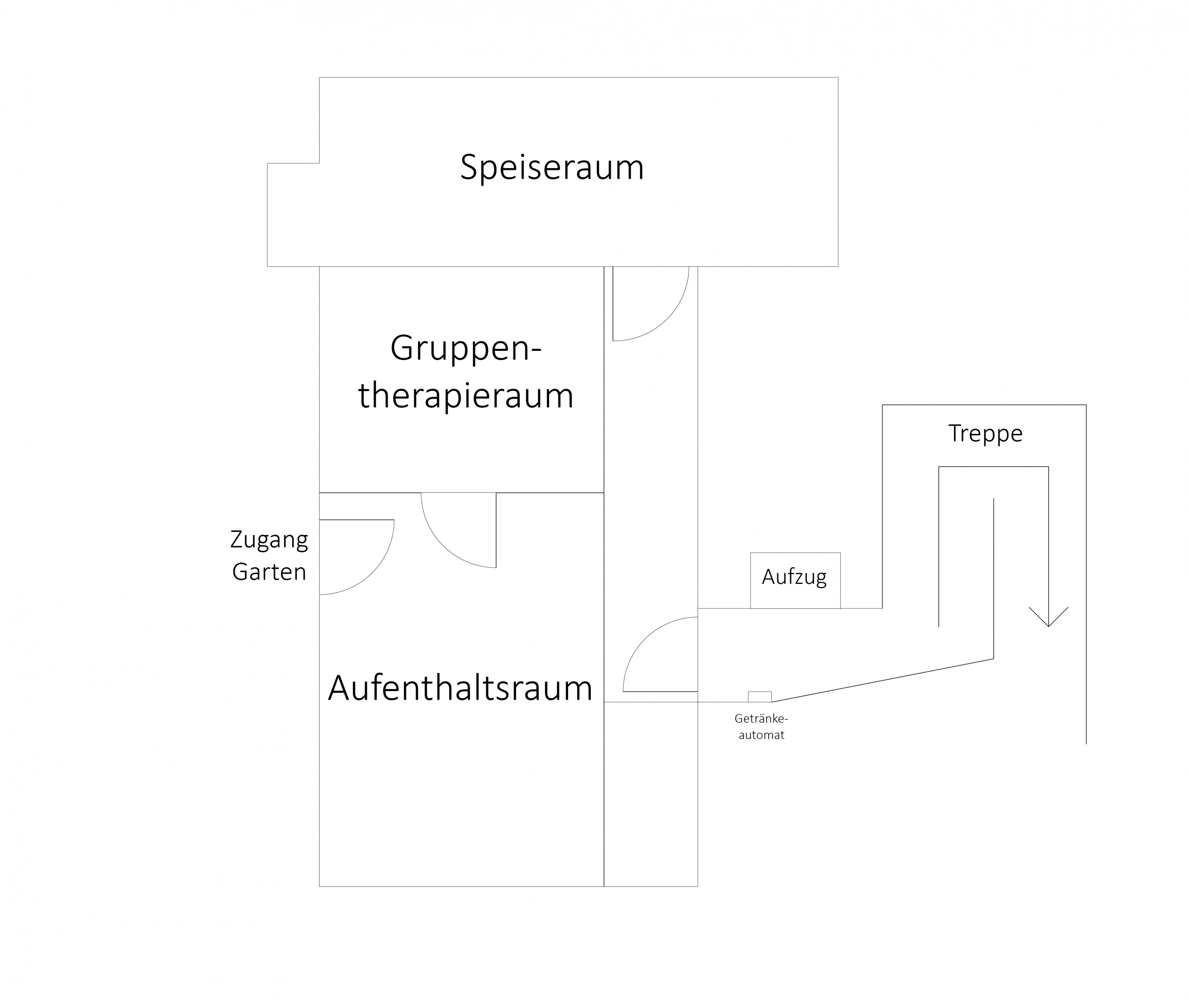 Untergeschoss der TCM-Klinik: Aufenthaltsraum, Gruppentherapieraum, Getränkeautomat, Speiseraum und Zugang zum Garten